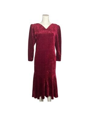 Vintage 80s Red Velvet Burnout Dress Small 1930s Bias Cut Flounce Hem Midi Glam
